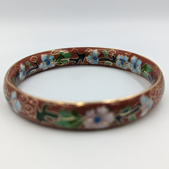 Floral Vintage Cloisonné Costume Bracelet Bangle Red with Flowers - Picture 2 of 11